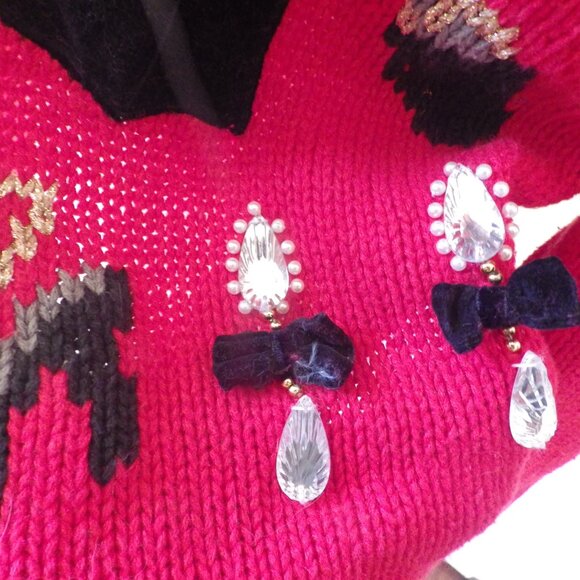 Vintage Eagle's Eye Red Sweater/ Embellished/ Teddy Bear/ Jewels - Picture 5 of 7